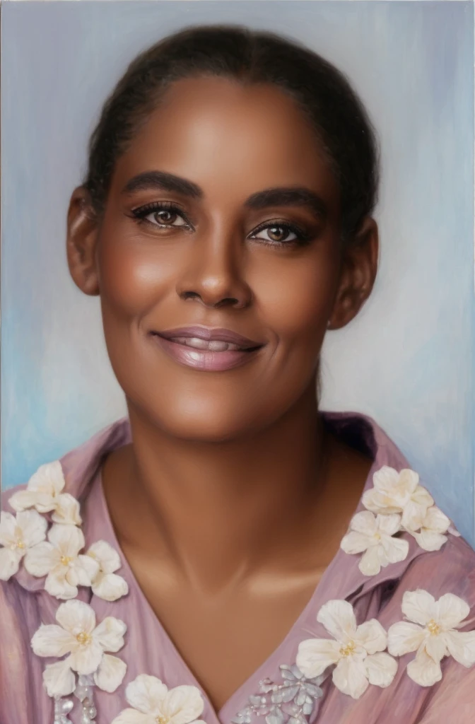 there is a woman who is smiling and posing for a photo, detailed colorized portrait, colorized portrait, realistic restored face, detailed portrayal, a colorful photo, digitally painted, colorful photo, true-to-life portrayal, painted portrait, restored color, inspired by Lois Mailou Jones, Highly detailed portrait photography, still detailed portrait, highly detailed portrayal, matte painting digital, photo true-to-life portrayal