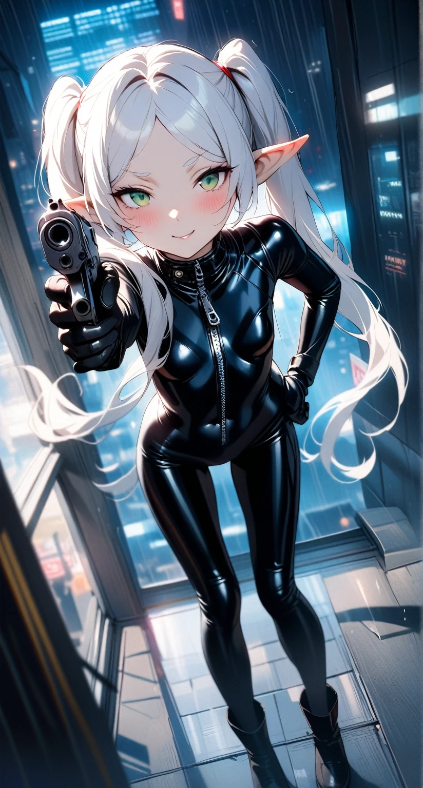 high-key and low-variance brightness scale,soft light,realistic light and shadow,light and dark interlaced,(aiming at viewer:1.4),looking at viewer,dramatic angle,(solo:1.6),
(masterpiece),(best quality),(highres),(by famous artist),(((official art))),(by Paul Hedley),(illustration),
1girl,(frieren),(elf),agent female,
(small breasts:1.3),(cameltoe),(whole body),(round face),(pointy ears),(slim legs),(skinny body),(detailed beautiful face),lustrous skin,shiny skin,(articulated fingers),navel,stomach
(black latex bodysuit:1.4),(zipper),long sleeves,gloves,leather pants,leather boots,
indoor,(cyberpunk city,kowloon,rain),(against the wall),
((seductive smile)),blush,((standing)),sexually suggestive,bent over,handgun,(holding pistol :1.4),hand on hip,
(green eyes:1.3),
(white hair),long hair,twintails,parted bangs,(reflective hair),