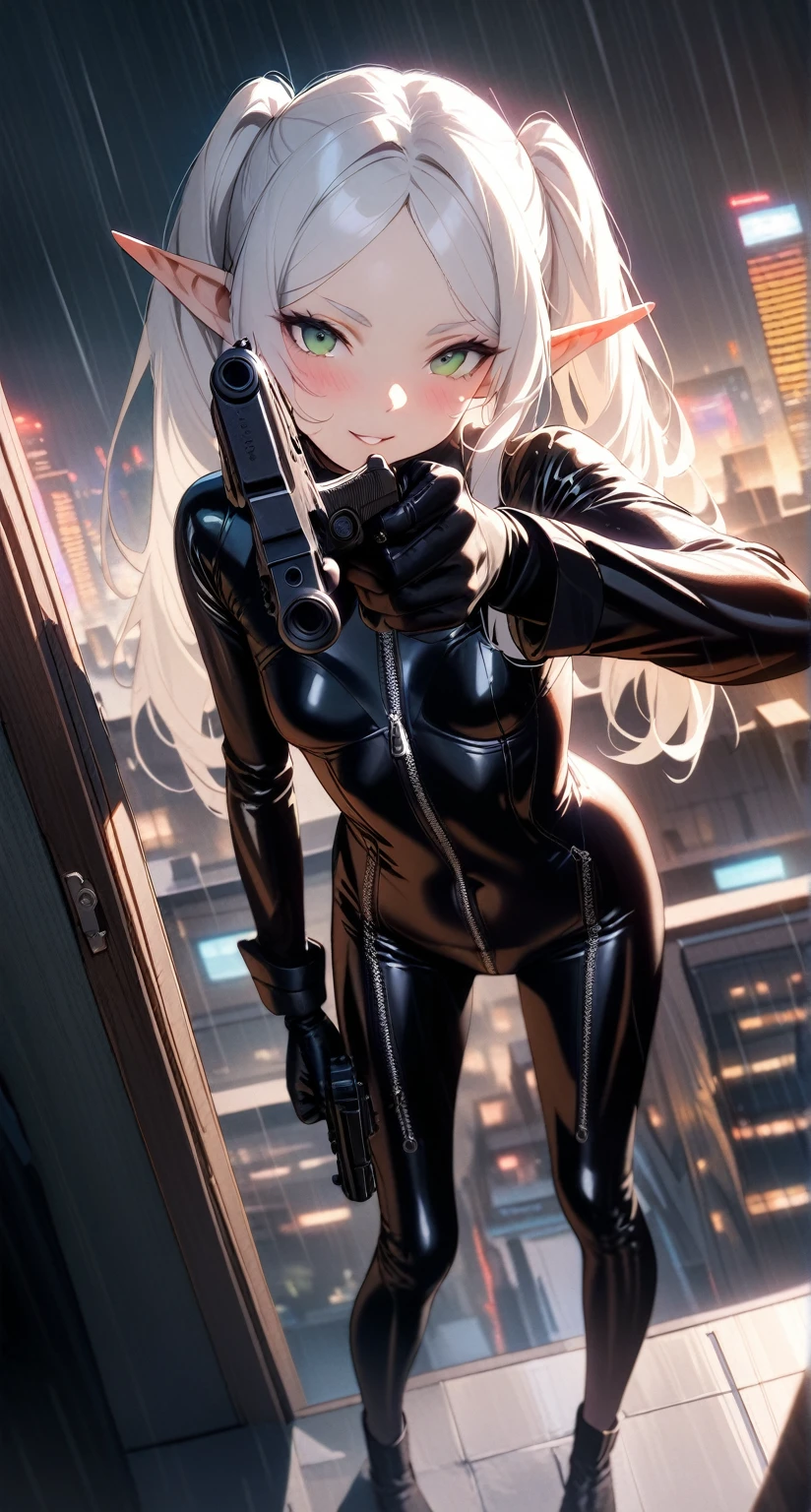 high-key and low-variance brightness scale,soft light,realistic light and shadow,light and dark interlaced,(aiming at viewer:1.4),looking at viewer,dramatic angle,(solo:1.6),
(masterpiece),(best quality),(highres),(by famous artist),(((official art))),(by Paul Hedley),(illustration),
1girl,(frieren),(elf),agent female,
(small breasts:1.3),(cameltoe),(whole body),(round face),(pointy ears),(slim legs),(skinny body),(detailed beautiful face),lustrous skin,shiny skin,(articulated fingers),navel,stomach
(black latex bodysuit:1.4),(zipper),long sleeves,gloves,leather pants,leather boots,
indoor,(cyberpunk city,kowloon,rain),(against the wall),
((seductive smile)),blush,((standing)),sexually suggestive,bent over,handgun,(holding pistol :1.4),hand on hip,
(green eyes:1.3),
(white hair),long hair,twintails,parted bangs,(reflective hair),