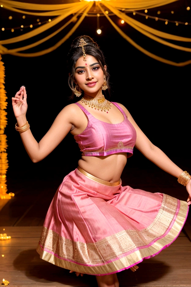 An Indian woman in a breathtaking pink and gold anarkali, her dark hair tied in a sleek bun, her eyes shining like stars as she spins and twirls to the rhythm of the garba, her hands clasped together in a graceful mudra, the lights of the festival reflecting off her smiling face like a thousand tiny mirrors, the colors of the festival blurring into a kaleidoscope of beauty."