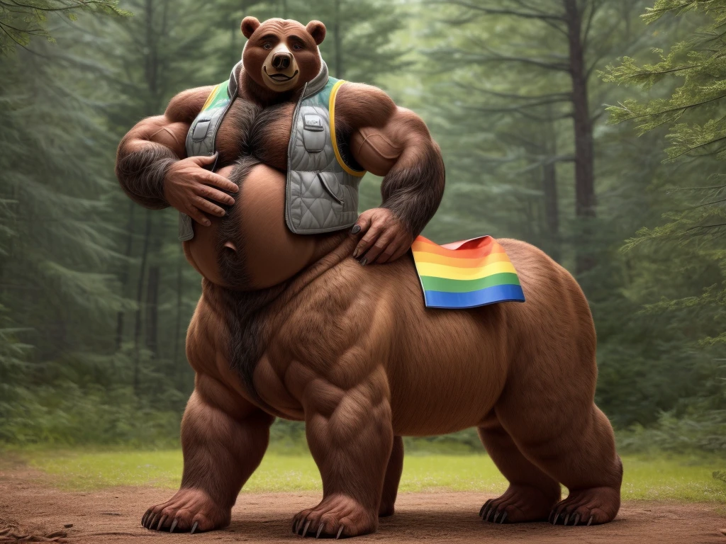 furry, fur taur, beartaur, middle-aged, 1man,  solo, LGBTQ_sport_vest, sport_vest, tear_open_sports_vest, hairy, arm_hair, leg_hair, short_hair, old, old_man, pectorals, large_pectorals, detailed face, bear ears, bear eyes(brown), bear nose(black), bear mouth, garibaldi beard(grey), mature hair(grey), detailed arms, thick arms, muscular, muscular_male, thick hands(5 fingers), detailed body belly, thick body, muscle belly(white), thick chest, chest hair(grey), detailed taur body, thick taur body, thick bear paws, thick bear tail, full body shot, standing in the woods