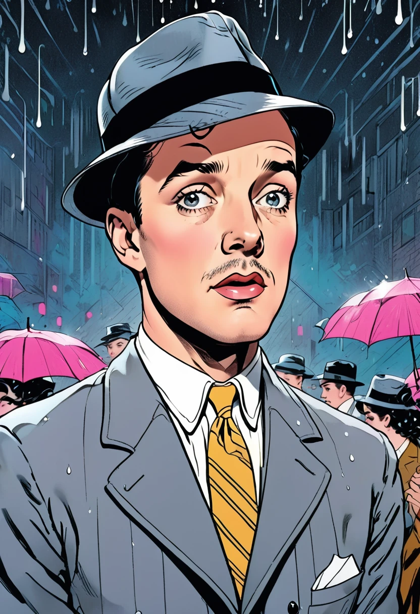 Gene Kelly, 1950s, classic musical film, Singin' in the Rain, beautifully detailed eyes, beautifully detailed lips, highly detailed face and eyes, long eyelashes, grey suit and hat, dancing in the rain, vibrant colors, cinematic lighting, film grain, 8k, best quality, masterpiece