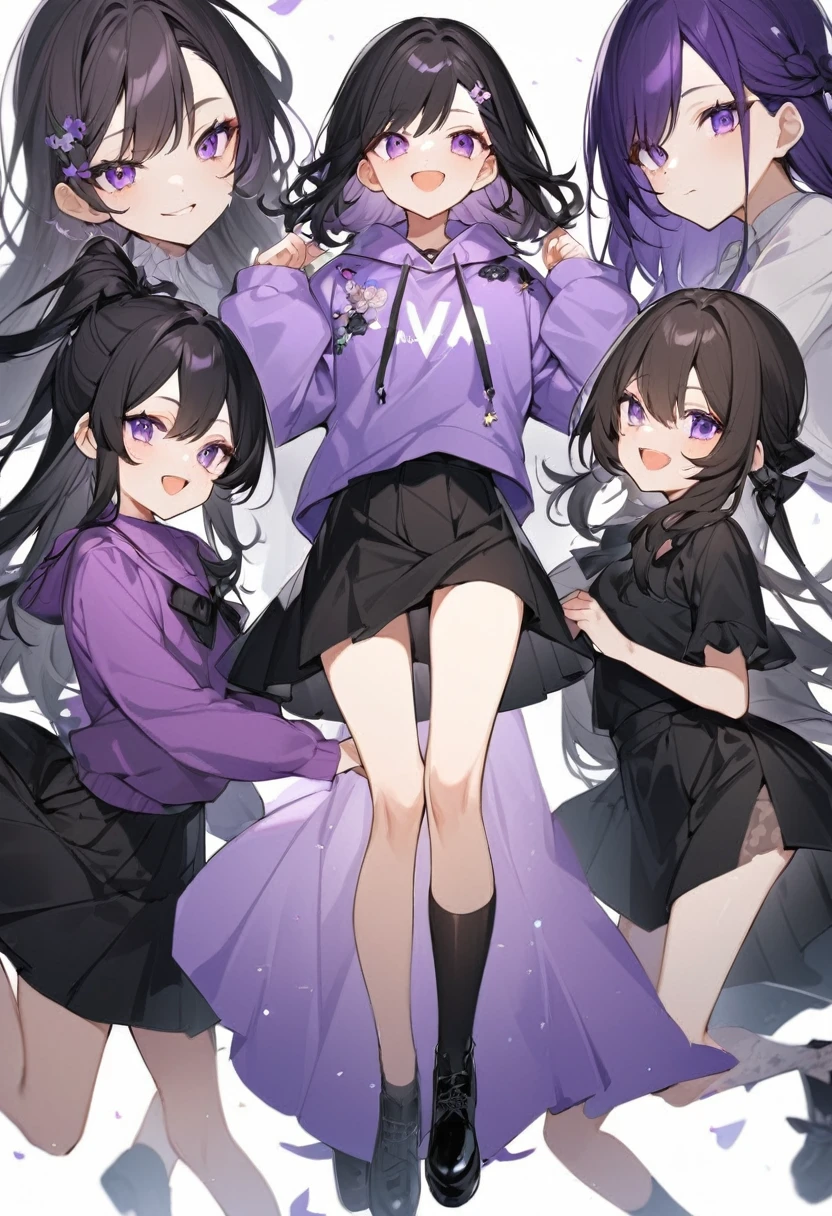 Keito。Purple hoodie。Black Skirt。Purple Eyes。Black Hair。Black shoes下。Black shoes。6 sisters。The eldest daughter has purple hair。all female。