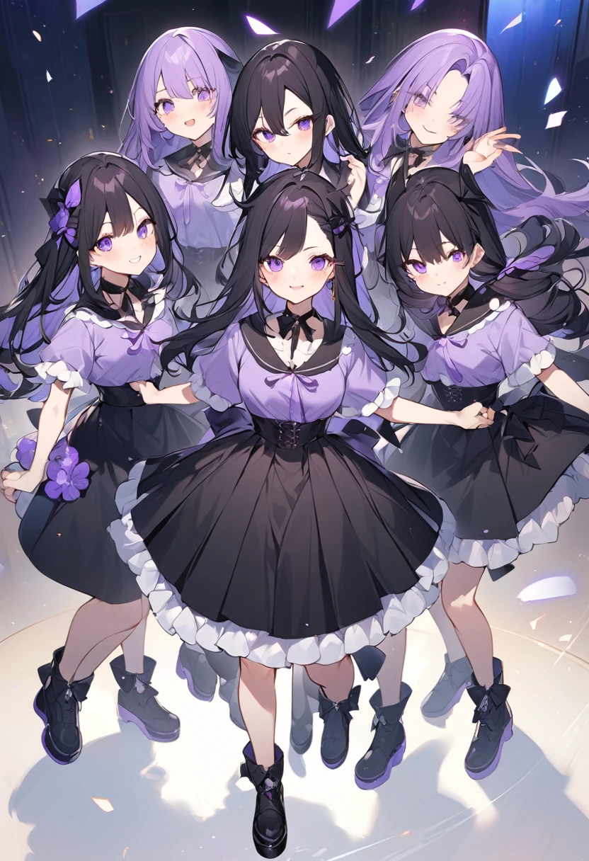 Keito。Purple hoodie。Black Skirt。Purple Eyes。Black Hair。Black shoes下。Black shoes。6 sisters。The eldest daughter has purple hair。all female。