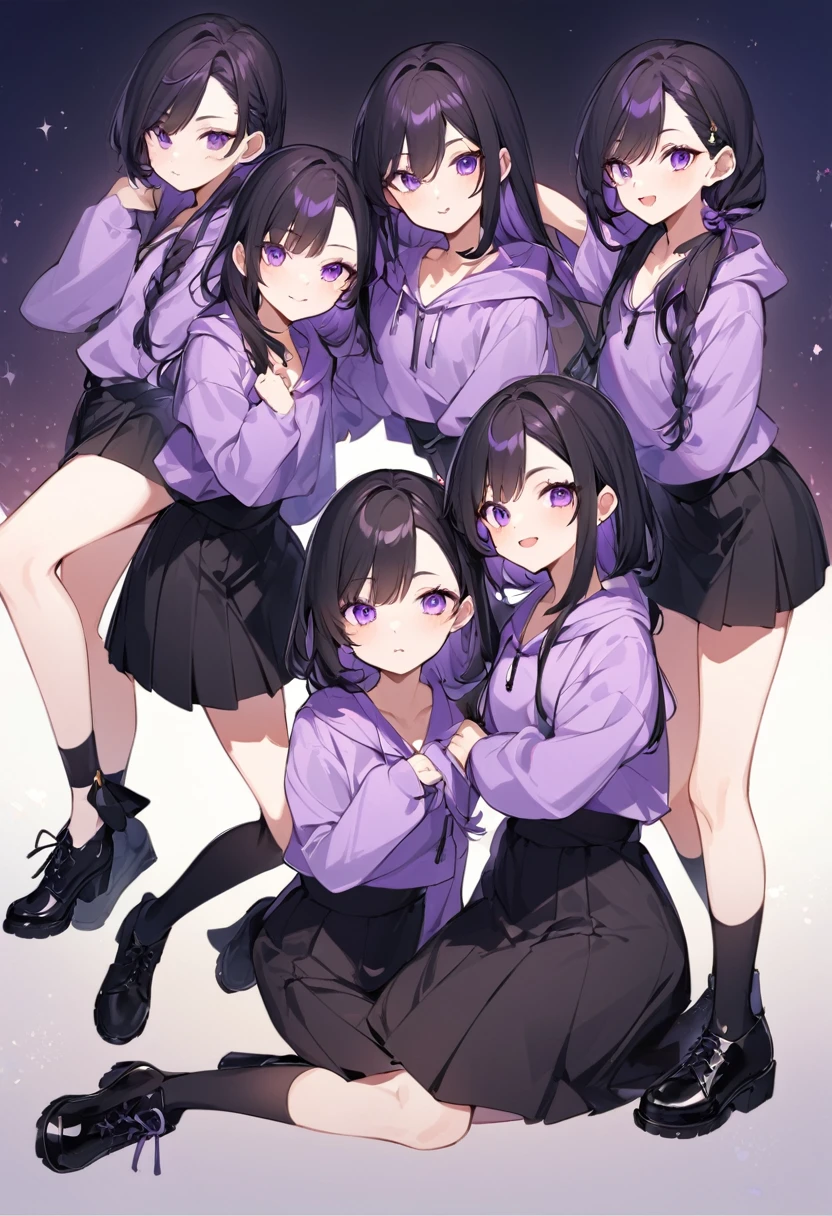 Keito。Purple hoodie。Black Skirt。Purple Eyes。Black Hair。Black shoes下。Black shoes。6 sisters。The eldest daughter has purple hair。all female。