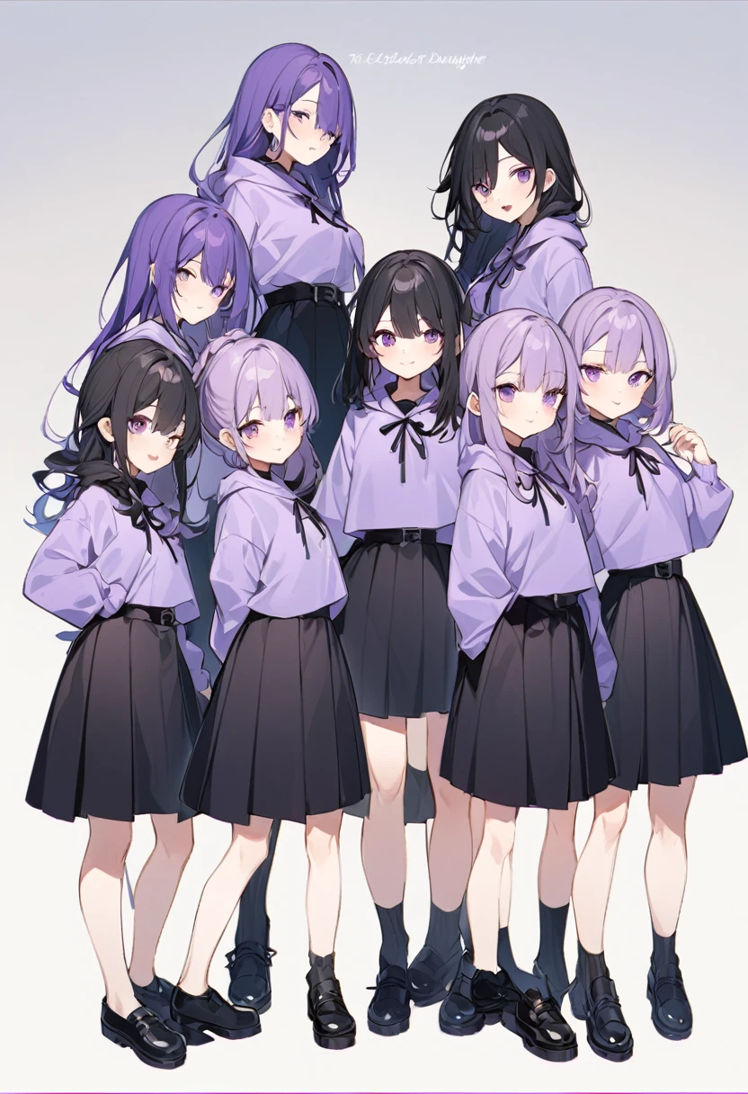 Keito。Purple hoodie。Black Skirt。Purple Eyes。Black Hair。Black shoes下。Black shoes。6 sisters。The eldest daughter has purple hair。all female。