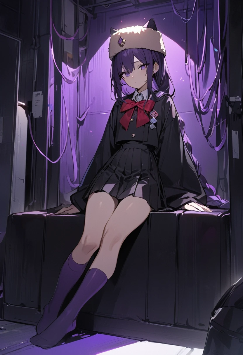 masterpiece, best quality, young woman, dark purple hair, very long single braid, bright purple eyes, white collared shirt, furisode sleeves, thin red bow tie with a diamond-shaped pin on the front of the bow under the collar, black high-waisted pleated skirt, dark purple high socks, white ear flap ushanka hat, very long black cloak with light brown buttons and a light brown fur collar, emotionless, calm, expressionless, dark room with a little bit of blue and purple light, wires hang haphazardly, dark 