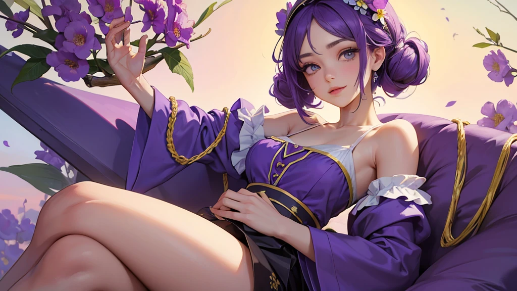 ((Best image quality, 8K, masterpiece:1.3)), 1 cute playful girl, Smart beauty with slim abs:1.3, (Casual Hairstyles, Wearing purple flowers on her head,Above the shoulders:1.2), Purple Dress:1.1, Ultra-fine face, Detailed eyes, double eyelid,smile,Wear a purple peony on your head,Quiet and pure sky background,のAbove the shouldersの部分のクローズアップ!
