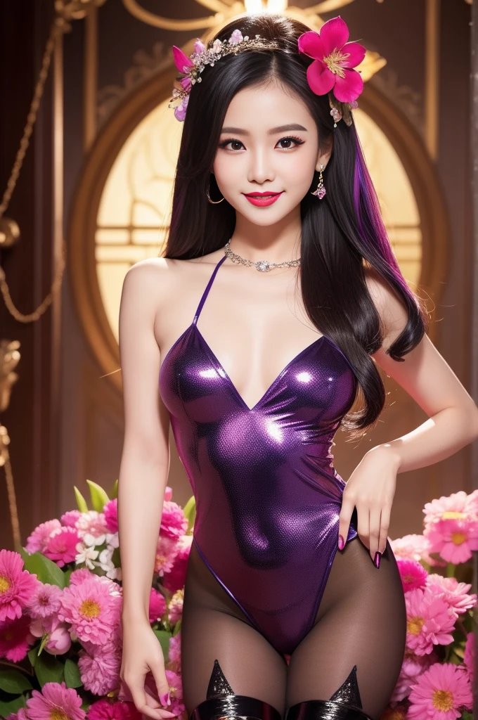 sexy Thai model who controls poison、beautiful smile、lip-gloss、bold lipstick、intense makeup、look at the camera、full body Esbian、、sparkling poisoned flower costume、、、、sparkling Colorful hair、secrete poison、skull hair accessories、sexy tights、shiny sparkling flowers background