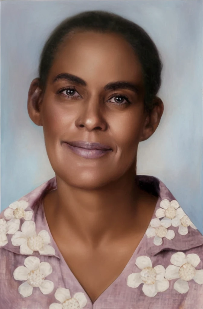 there is a woman who is smiling and posing for a photo, detailed colorized portrait, colorized portrait, realistic restored face, detailed portrayal, a colorful photo, digitally painted, colorful photo, true-to-life portrayal, painted portrait, restored color, inspired by Lois Mailou Jones, Highly detailed portrait photography, still detailed portrait, highly detailed portrayal, matte painting digital, photo true-to-life portrayal