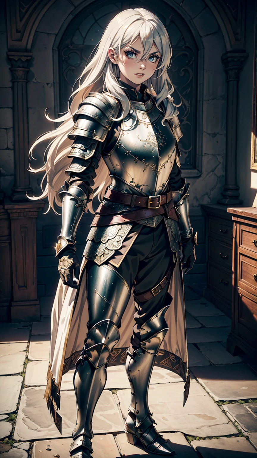 最high quality、Ultra High Definition, Ultra High Quality, Hyper Definition, Hyper Quality, Hyper Detailed, Extremely Detailed, Perfectly Detailed, Best image quality、masterpiece、anime woman((20-year-old、super dynamic pose , Green solid eyes, Silver long Hair、Disheveled Hair、Long White Hair, Gloves  Belt、Armored pants, Noble Armor, Smirk, cheerful expression, Detailed Cuirass , Dressed in Full Coverage Noble Plate Armor, leg armor)),high quality、Beautiful art、background((Inside the mansion))、Written boundary depth、  movie、Visual Arts、Perfect art、8K,Genuine、