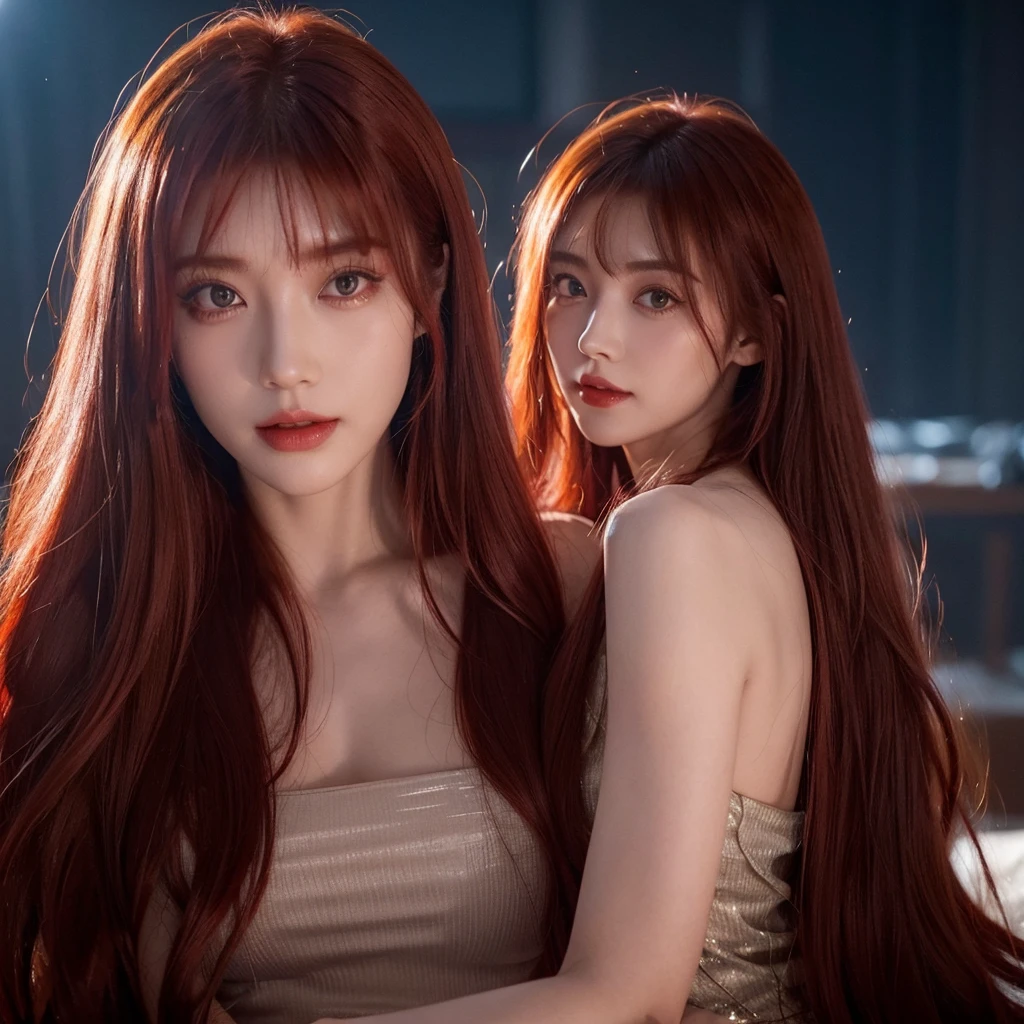 red hair, blunt bangs, bangs, long hair, hair spread out, straight hair, shiny hair, glowing eyes, longeyelashes, amber eyes, makeup, evil smile, blush, fangs, Surrealism, chiaroscuro, cinematic lighting, silhouette, drop shadow, UHD, masterpiece, anatomically correct, super detail, highres, best quality