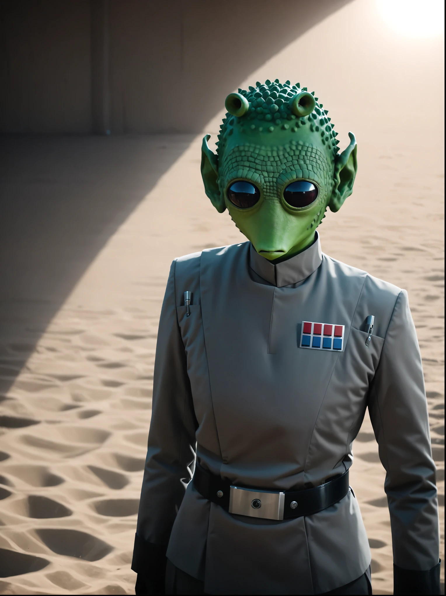 rodian alien with green skin as imperial officer wearing a grey uniform, masterpiece, best quality, soft light, bokeh, real shadow, cinematic, subsurface scuttering