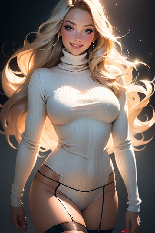 (realistic,photorealistic:1.37),woman,turtleneck sweater wearing,garter belt wearing,sexy pose,smiling face,detailed eyes,detailed lips,fashionable look,long hair flowing in the wind,contemporary background,studio lighting,vivid colors