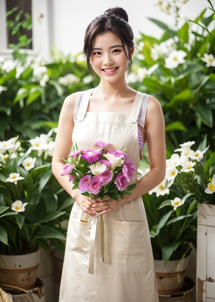 (Realistic, photo-Realistic:1.37),(8K, RAW Photos, Highest quality, masterpiece:1.2), cute, Ultra-detailed, 超High resolution, Kodak Vision Color, Filmed with an Arricam LT camera,Highest quality, Lively, 8K, High resolution, 1 girl, Escape, (Professional Lighting), (Portraiture:0.6), Black Hair, (Medium Hair),22 years old、loristさん、Wear an apron、Make a bouquet、Florist、Surrounded by lots of flowers、smile、Bun Head、Upper Bodylower Hair Ornaments、Watering the flowers、Lily、Casablanca、