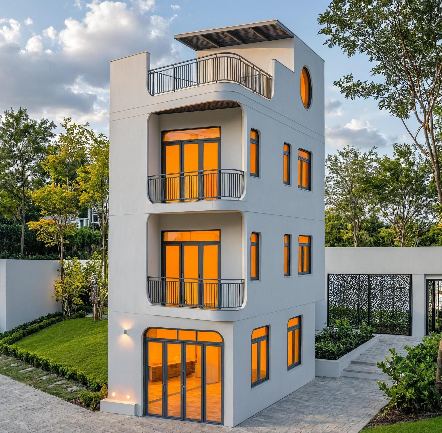 Raw photo, masterpiece, high quality, best quality, realistic, super detailed, outdoor, 2-story house, modern house style on the street, white wall, curved wall facade, aluminum glass door, sink orange-yellow trees, patterned iron railings, gray painted accent walls, gray iron gates, roads, sidewalks, grass, trees, sky, clouds, (daylight) :1.1)