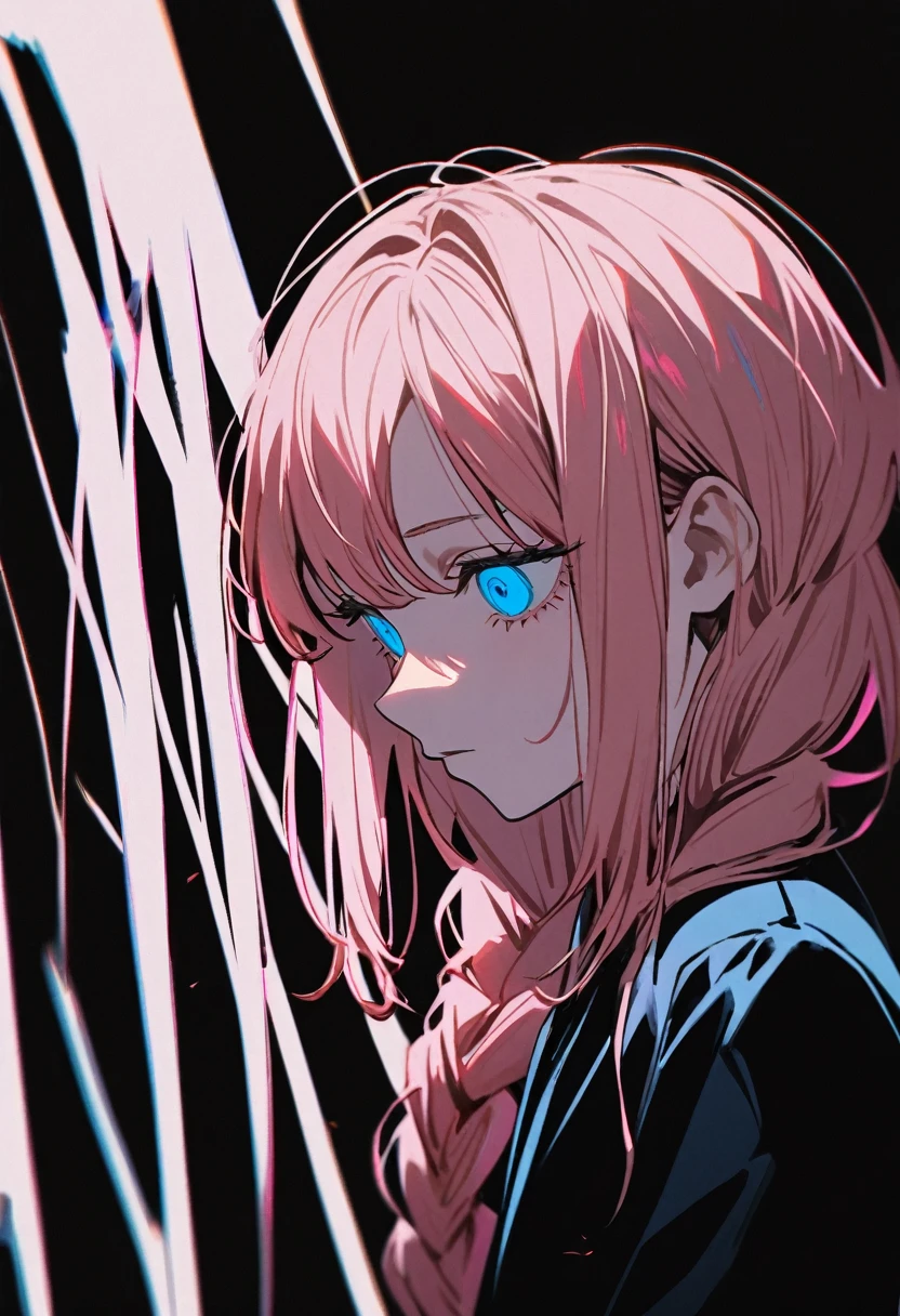 1 girl in chainsaw man style, braided and long hair, light pink hair with a blue tip, light blue eyes (detailded), Black Suit, face tilted down, psychotic look, black backdrop