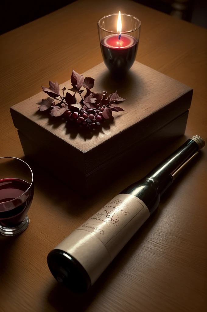 a glass of red wine,a pen on a wooden table,candle light,warm lighting,elegant still life,intricate details,high quality,photorealistic,8k,hyperdetailed,dramatic lighting,chiaroscuro,classical painting style,rich colors,deep shadows,moody atmosphere, replace the pen with a glass of wine