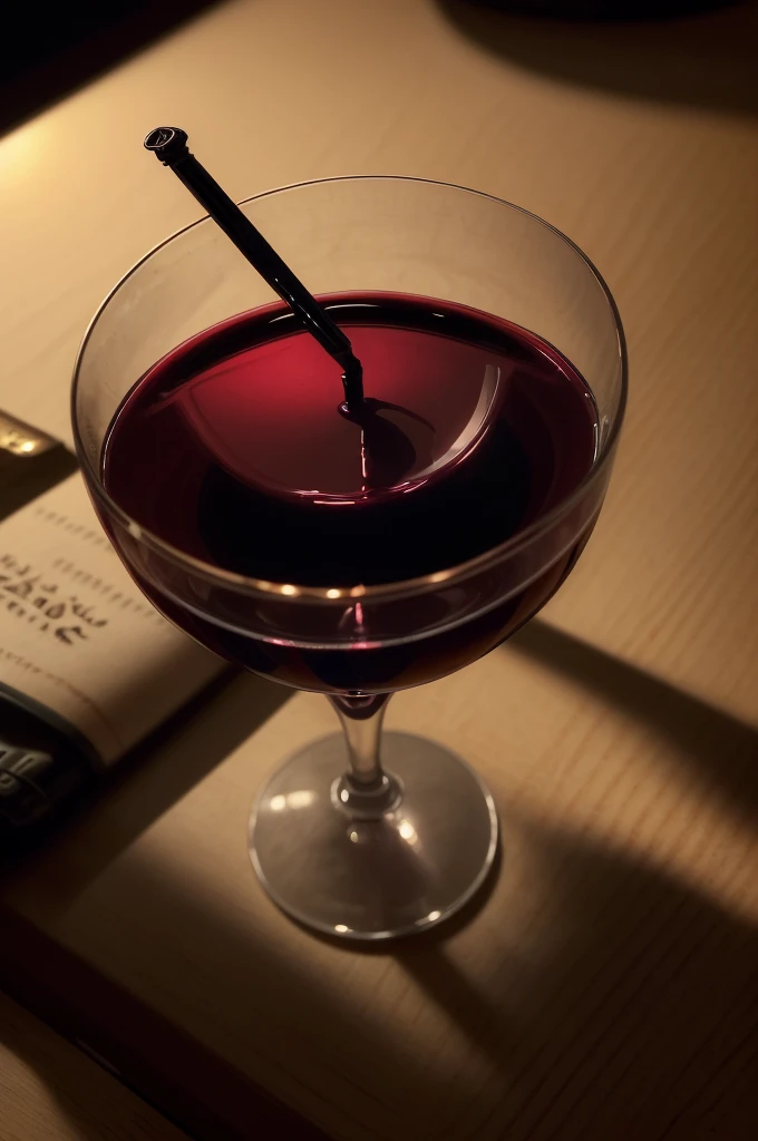a glass of red wine,a pen on a wooden table,candle light,warm lighting,elegant still life,intricate details,high quality,photorealistic,8k,hyperdetailed,dramatic lighting,chiaroscuro,classical painting style,rich colors,deep shadows,moody atmosphere, replace the pen with a glass of wine