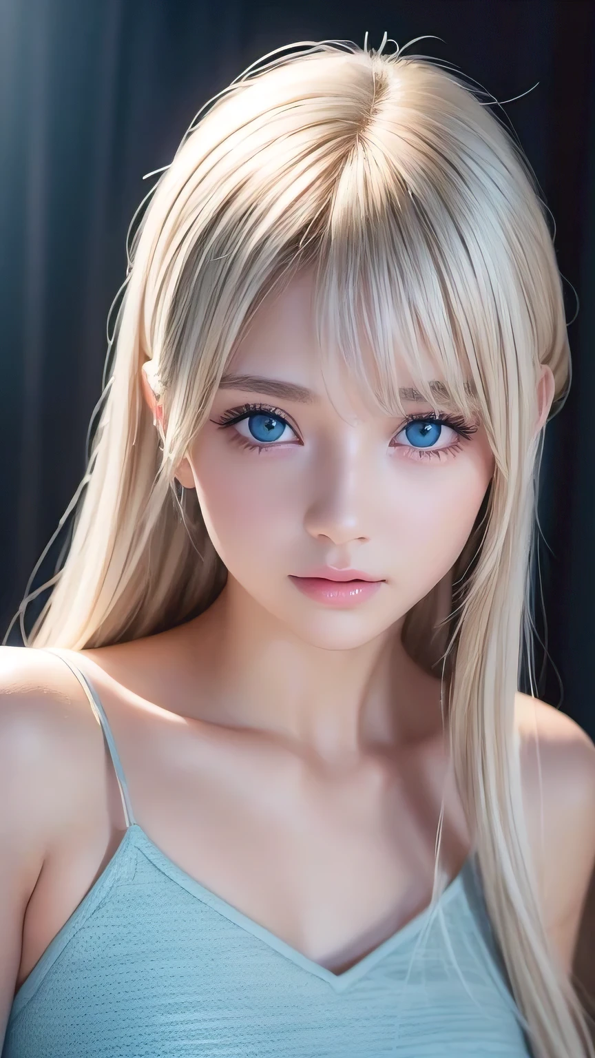 Dressed、(Photorealistic:1.4)、(ハイパーRealistic:1.4)、(Realistic:1.3)、(Smooth lighting:1.05)、(Improved cinematic lighting quality:0.9)、32k、1 Girl、Very cute expression、A beautiful blonde girl、bangs that fall on the face、Bangs left over the eyeessy bangs between the eyes and nose、Realistic top lighting、Backlight、Face Light、Super long silky platinum hair、Blonde rays、(Bright light:1.2)、(quality improvement:1.4)、(Highest quality realistic textured skin:1.4)、Very beautiful, detailed, shiny, very bright, mint blue, large eyes、Very big eyes、Detailed face、A careful eye for quality、(Tired, sleepy and satisfied: 0.0)、Face close up、T-Shirts、(Enhances the body line:1.1)、(Enhances the beauty of skin texture:1.1)、Cheek gloss highlighter、Small Face Beauty、Round face