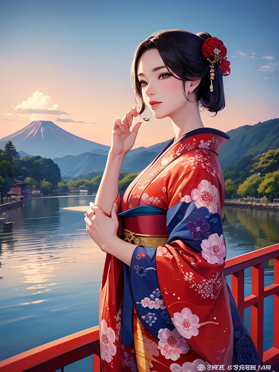 (Highest quality、masterpiece、High resolution、8K)、Vibrant colors、Ukiyo-e、Utamaro、Kimono Beauty、river、Mount Fuji in the distance、Japanese Landscape、Official Art、