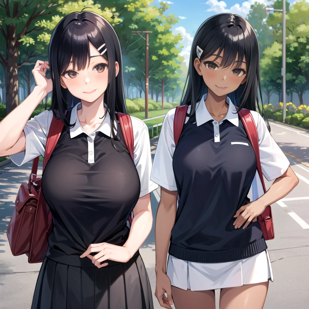((best quality)), ((masterpiece)), (details), one girl, sexy ((best quality)), ((masterpiece)), (details), one girl, sexy ((best quality)), ((masterpiece)), (details), one girl, full body, sexy expensive body, expensive, long legs, mature woman, mature, adult, it_nagatoro_main, Nagatoro Hayase, one girl, blushing, alone, uniform polo shirt, black hair, bag, brown eyes, hair accessory, looking at viewer, hair clip, outdoors, backpack, smiling, long hair, dark skinned woman, dark skin, , bangs, daytime, skirt, collared shirt, collarbone, ear clip, mouth closed, tree, asymmetrical bangs, upper body