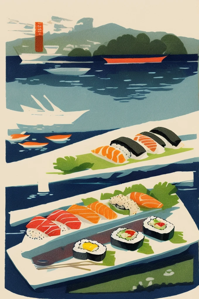 
Illustration: simple woodblock printing style sushi sushi counter Japanese sushi master While placing the suli on the plate There is no signature of the artist.