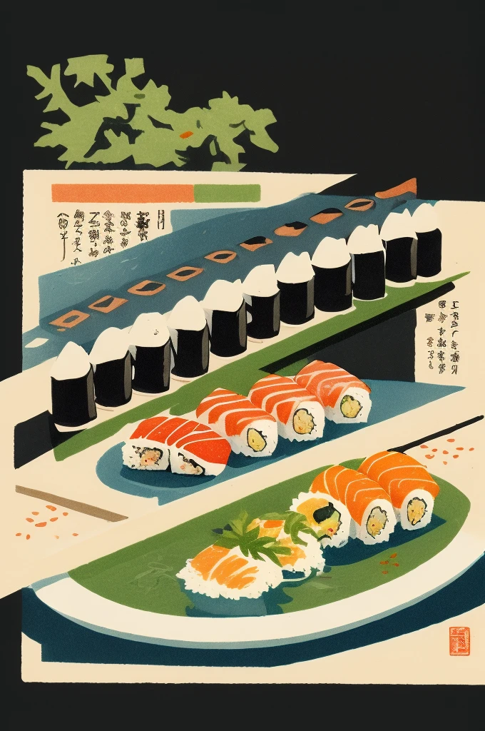 
Illustration: simple woodblock printing style sushi sushi counter Japanese sushi master While placing the suli on the plate There is no signature of the artist.