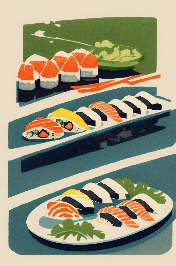 
Illustration: simple woodblock printing style sushi sushi counter Japanese sushi master While placing the suli on the plate There is no signature of the artist.