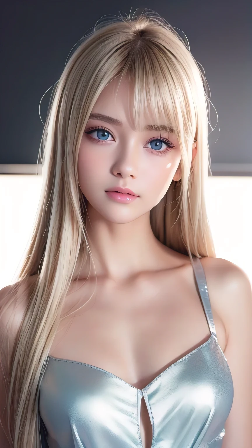 Dressed、(Photorealistic:1.4)、(ハイパーRealistic:1.4)、(Realistic:1.3)、(Smooth lighting:1.05)、(Improved cinematic lighting quality:0.9)、32k、1 Girl、Very cute expression、A beautiful  blonde girl、bangs that fall on the face、Bangs left over the eyeessy bangs between the eyes and nose、Realistic top lighting、Backlight、Face Light、Super long silky platinum hair、Blonde rays、(Bright light:1.2)、(quality improvement:1.4)、(Highest quality realistic textured skin:1.4)、Very beautiful, detailed, shiny, very bright, mint blue, large eyes、Very big eyes、Detailed face、A careful eye for quality、(Tired, sleepy and satisfied: 0.0)、Face close up、T-Shirts、(Enhances the body line:1.1)、(Enhances the beauty of skin texture:1.1)、Cheek gloss highlighter、Small Face Beauty、Round face