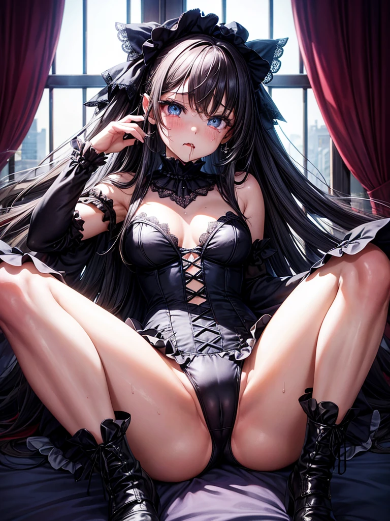 Highest quality,Highest Resolution,A beautiful girl in a gothic leotard with a crying face,Frills,Super High Leg,Very beautiful eyes,Bedroom,Night view outside the window,Knee-high stockings,Drink a drink,Tears,sweat profusely,Open your mouth wide and drool,