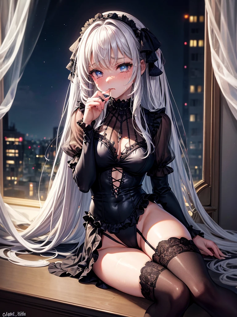 Highest quality,Highest Resolution,A beautiful girl in a gothic leotard with a crying face,Frills,Super High Leg,Very beautiful eyes,Bedroom,Night view outside the window,Knee-high stockings,Drink a drink,Tears,sweat profusely,Open your mouth wide and drool,
