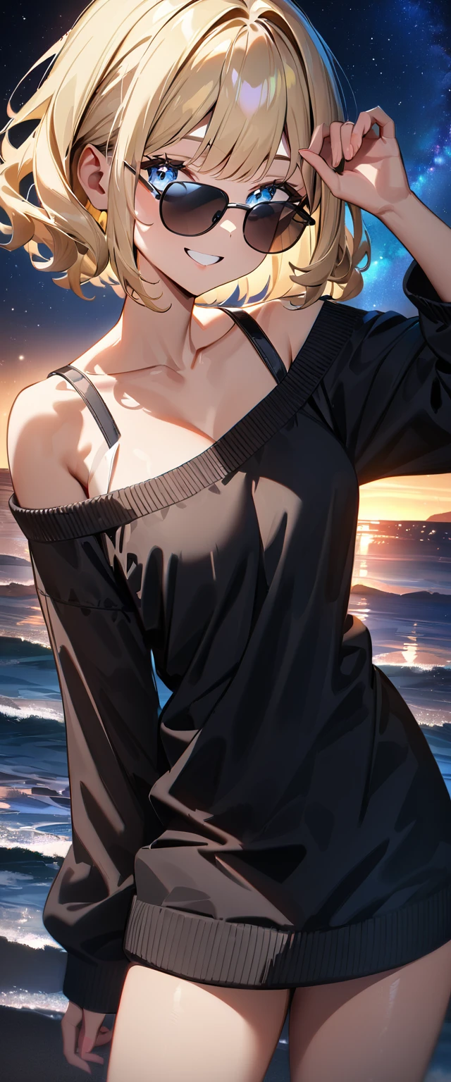 (((a starry sky, the Milky Way shining beautifully in the night))), ((bare legs)), (((sunglasses, hand to sunglasses))), (((cowboy shot))), ((wavy hair, inward curled hair)), ((sea, beach)), ((blond hair, bob cut:1.3)), breasts, teenager, (looking at viewer), oversized clothes, puffy long sleeves, ((off-shoulder sweater:1.3, Quite thick shoulder straps)), ((black sweater)), collarbone, head tilt:1.3, (((blue eyes))), ((happy smile)), (((anime style))), (best quality, 4K, 8K, highres, masterpiece:1.2, ultra-detailed, ultra-detailed eyes, HDR, uhd, studio lighting, ultra-fine painting, sharp focus, physically-based rendering, extreme detail description, professional, vivid colors, bokeh)