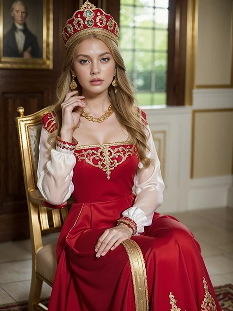 Daughter of a Russian noblewoman during the reign of Catherine II, (Russian noble costume, Red Formal long dress, gorgeous noble dress, white Elbow grove: 1.3), sitting pose , on Chair ,in palace, Front view , looking at viewer, Russian girl, 18 age old, ((Blond hair:1.3), middle hair , wince, Gray eyes, beautiful lip, serious), gold crescent earrings, gold neckless, (big breasts, slender whist, wide hip, real public hair, corrected pussy and anal) , textured skin , HI detailed skin, (foreshortening, Canon, anatomically correct, super detail, high details, highness,