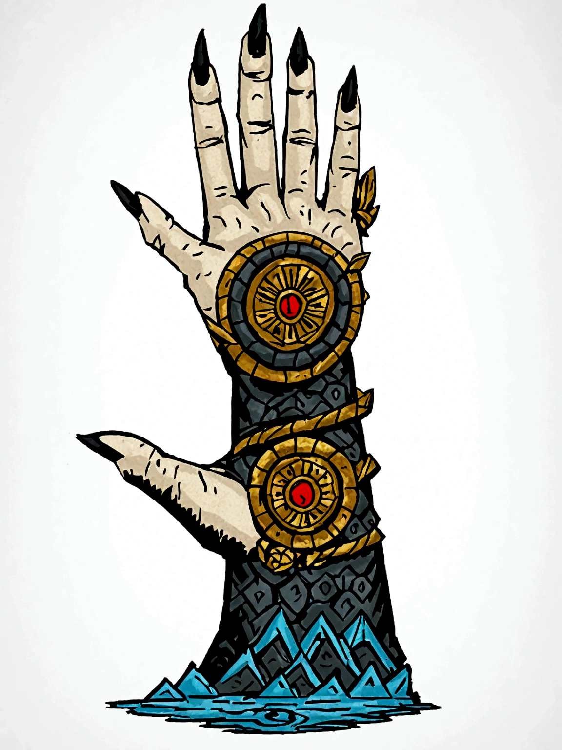n image of ŠU, depicted as a hand, designed as a black and white sticker with red accent elements on a white background. The hand is shown in a strong and protective pose, with intricate details highlighting its fingers and palm. Traditional Mesopotamian patterns and cuneiform inscriptions are integrated into the hand's surface, emphasizing its role as a symbol of strength and protection. The background includes elements such as stylized waves and geometric shapes, adding depth and context to the design. The overall design is in black and white, with deep blacks and bold contrasts, while red accents highlight key elements such as the cuneiform symbols and specific parts of the hand. The composition follows the golden ratio, ensuring a balanced and harmonious depiction of the powerful and protective design, creating a bold and dynamic yet elegant tattoo design. Note: The term 'golden ratio' refers to the composition and does not imply the use of gold color on the sticker.