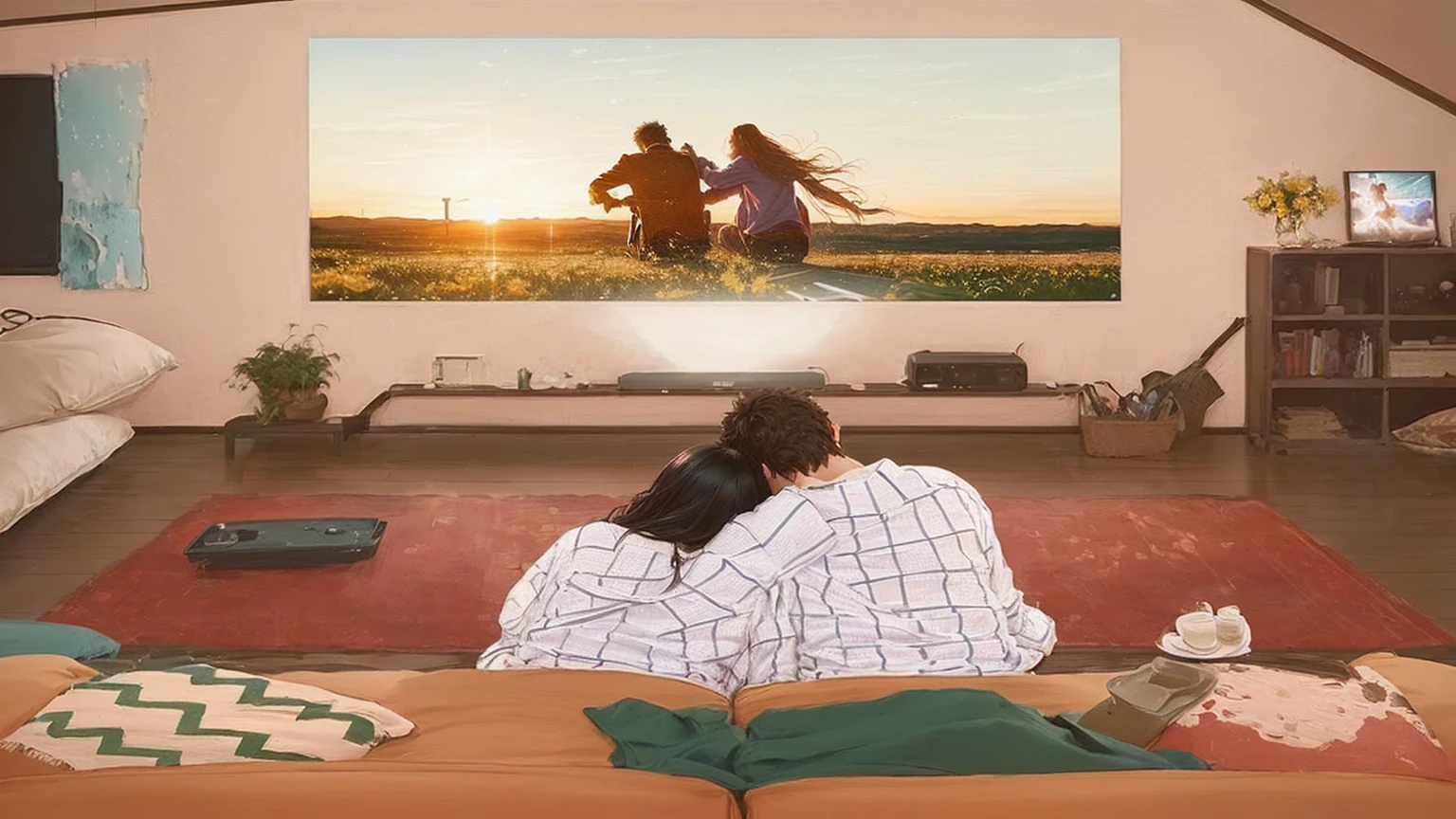 painting of a couple watching a movie on a big screen, expansive cinematic view, cinematic view!!!, really realistic, cinematic , - h 7 6 8, extremely realistic, cinematic perspective, cinematic view, very realistic, spectacular cinematic scene, warm beautiful scene, cinematic movie image, watching the sun set. anime, very very realistic, indoor scene, realistic picture
