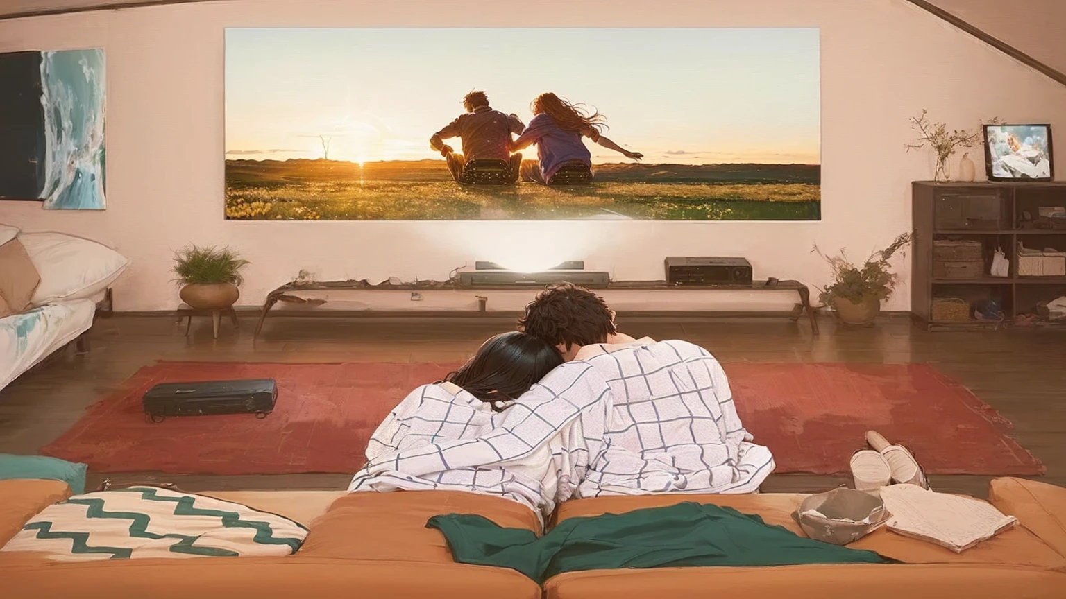 painting of a couple watching a movie on a big screen, expansive cinematic view, cinematic view!!!, really realistic, cinematic ， - h 7 6 8, extremely realistic, cinematic perspective, cinematic view, very realistic, spectacular cinematic scene, warm beautiful scene, cinematic movie image, watching the sun set. anime, very very realistic, indoor scene, realistic picture