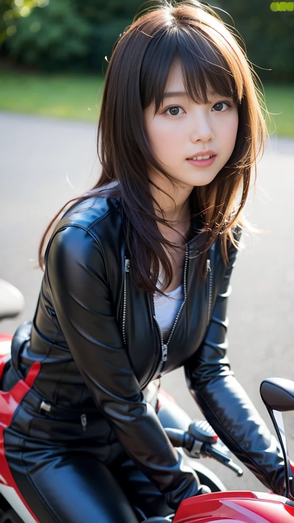 Close-up of a cute Japanese girl riding a motorcycle,Wearing leather jumpsuits、
