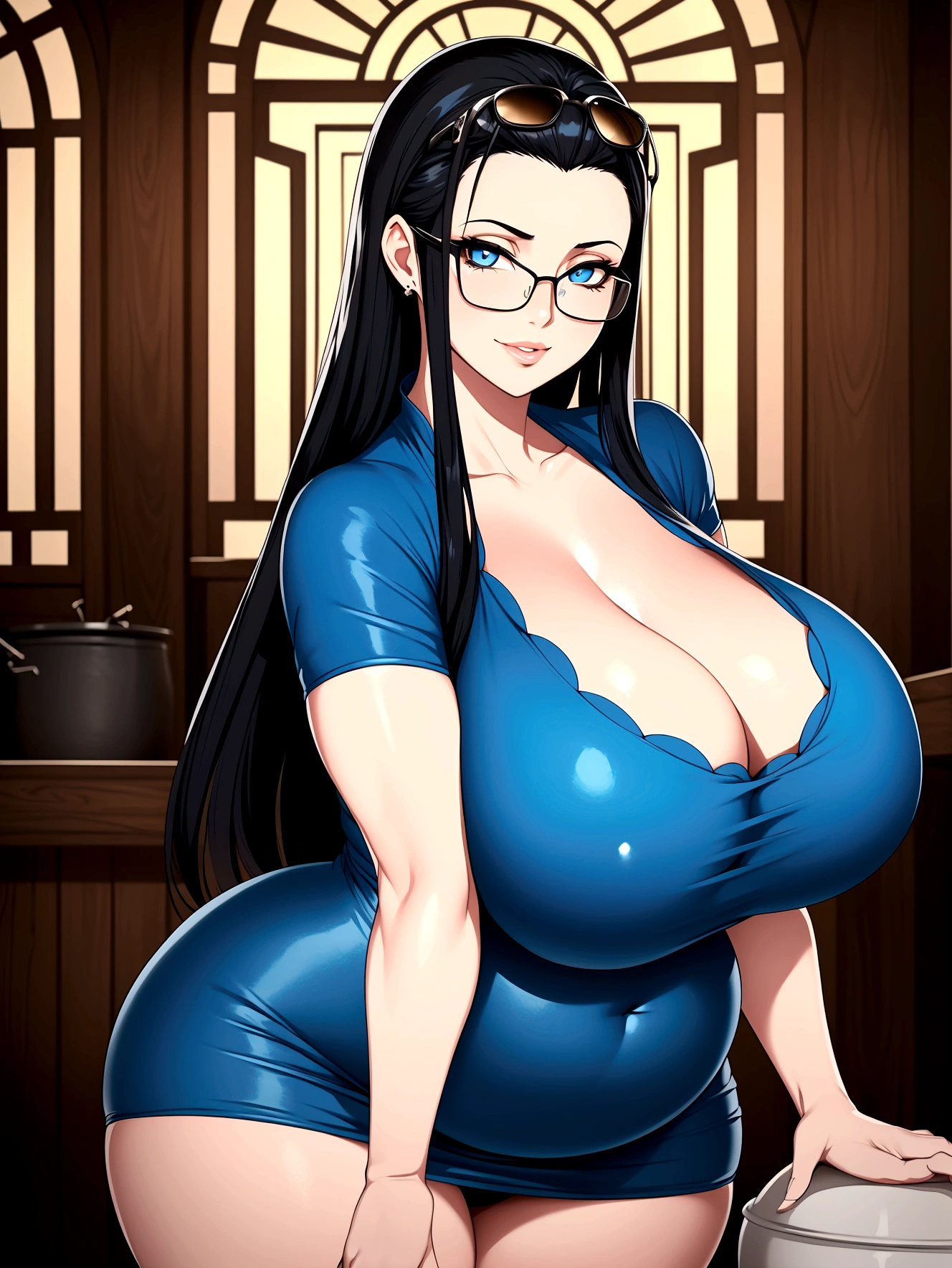 ((high aesthetic)), art by kipteitei, absurdres, absurd resolution, highly rated, highres, art by kipteitei, high resolution, best quality, masterpiece, full body, (facing viewer), 1girl, ((solo)), indoors, clothed, perfect face, perfect eyes, neneneji, tight outfit, smile, natural skin texture, 4k textures, hdr, intricate, highly detailed, puffy lips, thick lips, hyperdetailed, mature female, , nico robin, long hair, black hair, hair slicked back, eyewear on head, sunglasses, blue eyes, collarbone, cleavage, blue dress, short sleeves, chubby(wide hips, thick thighs, stuffed belly, huge belly, big breasts, pot belly, big ass), bottom heavy