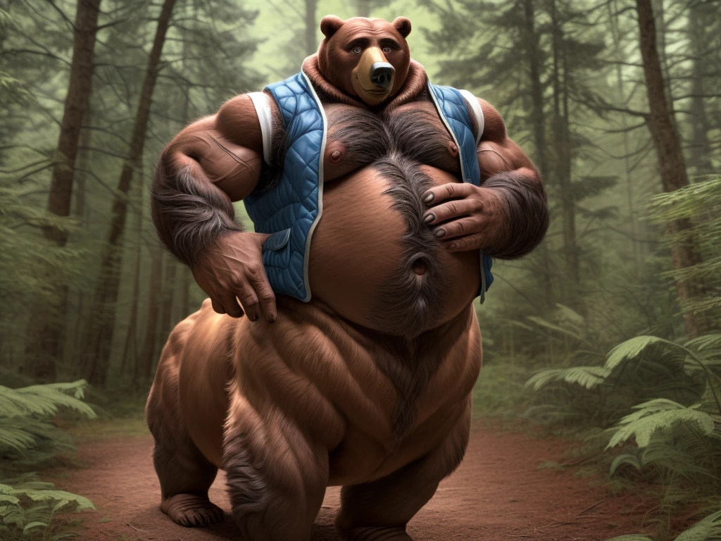 furry, fur taur, beartaur, middle-aged, 1man,  solo, LGBTQ_vest, vest, tear_open_vest, hairy, arm_hair, leg_hair, short_hair, old, old_man, pectorals, large_pectorals, detailed face, bear ears, bear eyes(brown), bear nose(black), bear mouth, garibaldi beard(grey), mature hair(grey), detailed arms, thick arms, muscular, muscular_male, thick hands(5 fingers), detailed body belly, thick body, muscle belly(white), thick chest, chest hair(grey), detailed taur body, thick taur body, thick bear paws, thick bear tail, full body shot, standing in the woods