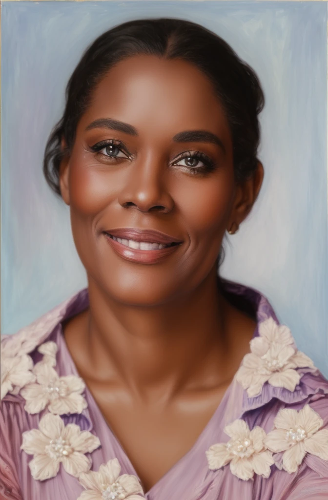 there is a woman who is smiling and posing for a photo, detailed colorized portrait, colorized portrait, realistic restored face, detailed portrayal, a colorful photo, digitally painted, colorful photo, true-to-life portrayal, painted portrait, restored color, inspired by Lois Mailou Jones, Highly detailed portrait photography, still detailed portrait, highly detailed portrayal, matte painting digital, photo true-to-life portrayal