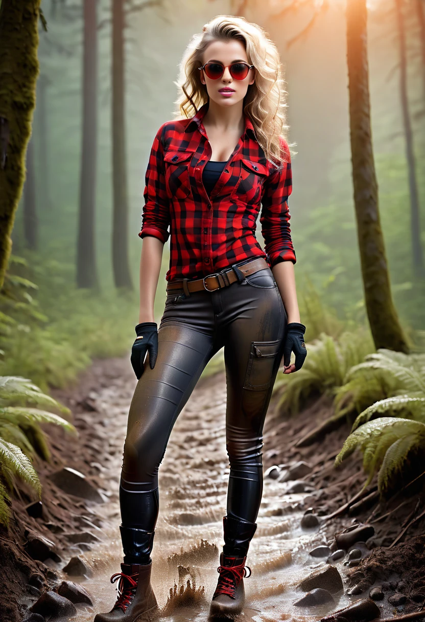 Gorgeous European blonde woman, age 23, wavy hair. She's wearing a tight red checkered shirt, (skintight dirty muddy washed-out black jeggings:1.3), (military jacket), hiking boots, belt, small rounded red sunglasses, gloves, (spreading legs showing crotch:1.2). Full Body. Perfect body, perfect hair, blurry foreground, UHD, retina, masterpiece, accurate, anatomically correct, textured skin, super detail, high details, high quality, award winning, best quality, highres, 16k, 8k, sunset light.