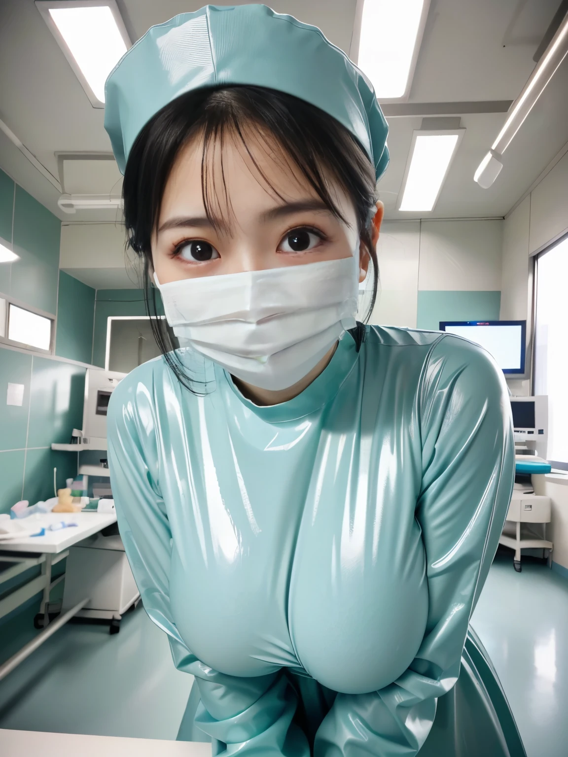 (masterpiece, best quality:1.2), 8k wallpaper, professional lighting, cinematic lighting, RAW photo, ultra high res, ultra detailed res, hyper realistic photo, 1girl, solo, ultra realistic portrait of pretty Japanese girl, ultra detailed portrait of pretty Japanese model, ultra realistic baby face, ultra detailed baby face, (black hair, updo, all hairs hidden in surgical cap:1.1), ((perfect organized face, big eyes, double eye lids)), (green, latex, ultra realistic surgical uniform, ultra detailed surgical uniform, detailed surgical hat:1.15, realistic surgical gloves:1.1, face mask:1.1), perfect eyes, fine eyes, detailed eyes, detailed face, realistic skin texture, ((ultra , ultra huge cleavages, ultra huge , ultra huge boob)), detailed background, looking at viewer, standing, (ultra realistic interior of operation room, ultra detailed interior of operation room), (realistic surgery operation scene from operation table view:1.1, detailed surgery operation angle from operation table:1.1), surgery_pov, view from below, pov, operating room, overhead surgical light, looking downward,