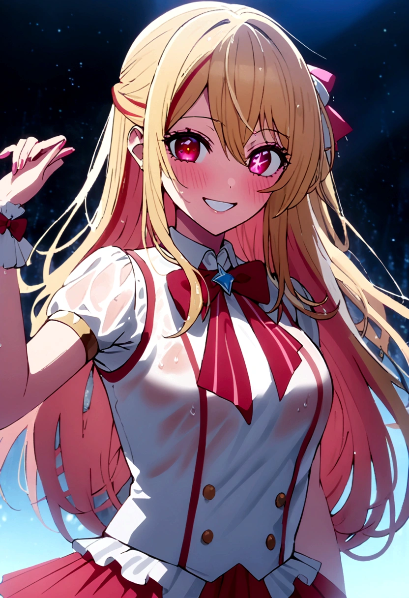 Dancing in the Rain, hoshinoruby, star-shaped pupils, ruby_hoshino, idol, blonde hair, bangs, 1girl, pink eyes, long hair, looking at viewer, red eyes, streaked hair, best quality, masterpiece, high quality, extremely detailed CG unity 8k wallpaper, delicate background, luminous particles, complex details, grin, wet clothes, wet hair, idol clothes,