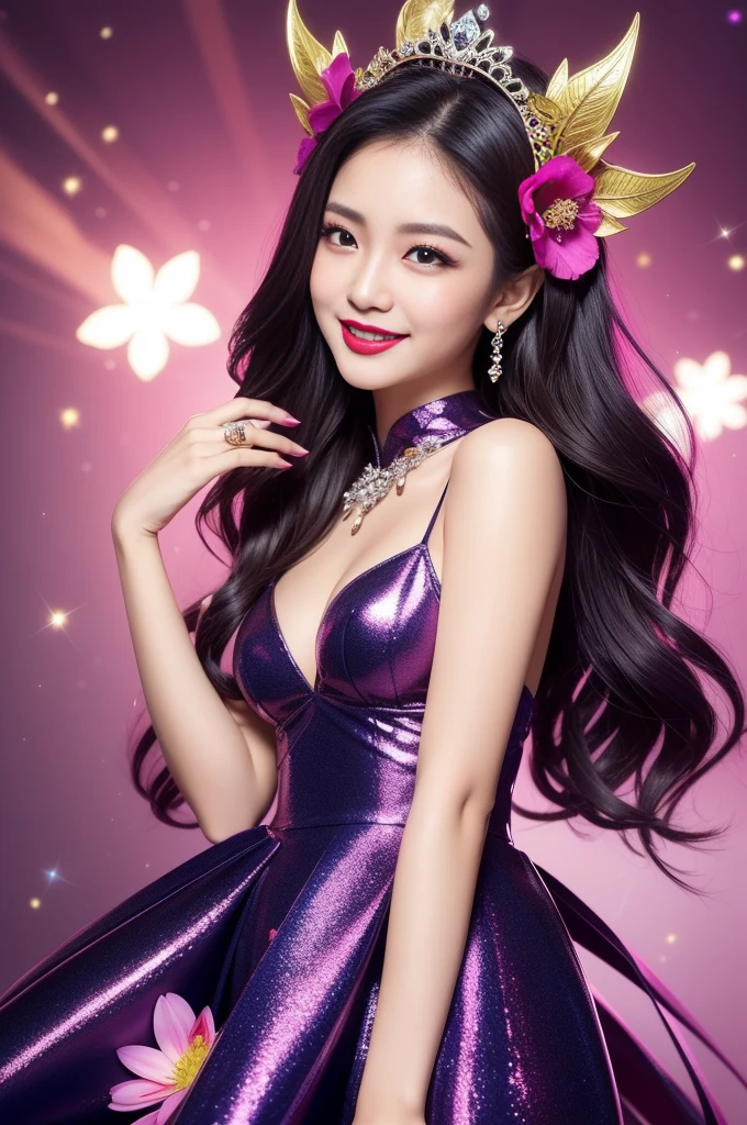 sexy Thai model who controls poison、beautiful smile、lip-gloss、bold lipstick、intense makeup、look at the camera、full body Esbian、、sparkling poisoned flower costume、、、、sparkling Colorful hair、secrete poison、skull hair accessories、sexy tights、shiny sparkling flowers background