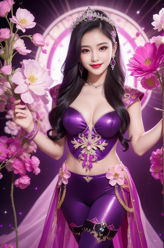sexy Thai model who controls poison、beautiful smile、lip-gloss、bold lipstick、intense makeup、look at the camera、full body Esbian、、sparkling poisoned flower costume、、、、sparkling Colorful hair、secrete poison、skull hair accessories、sexy tights、shiny sparkling flowers background