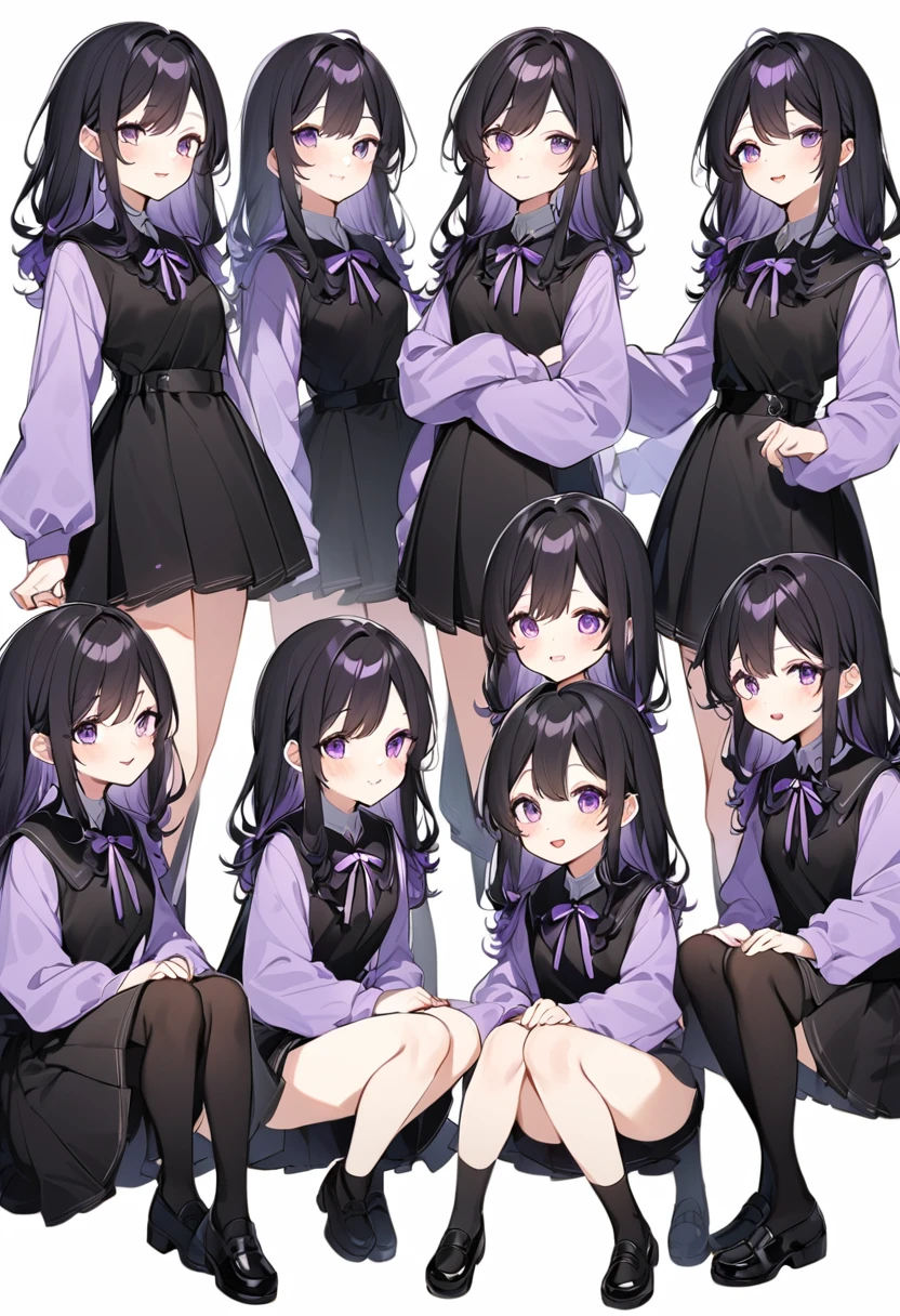 Keito。Purple hoodie。Black Skirt。Purple Eyes。Black Hair。Black shoes下。Black shoes。6 sistery eldest daughter has lavender hair.。all female。Sextuplets