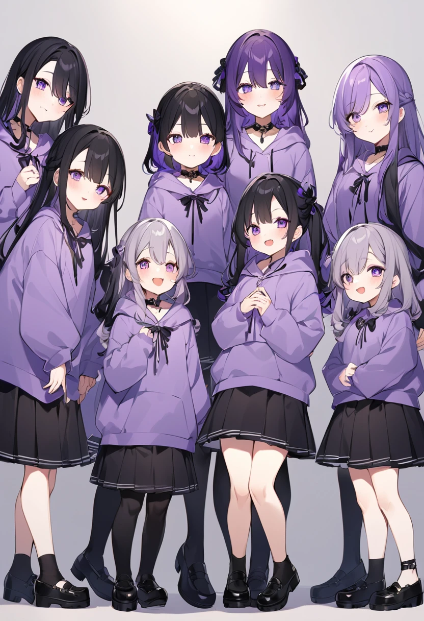 Keito。Purple hoodie。Black Skirt。Purple Eyes。Black Hair。Black shoes下。Black shoes。6 sistery eldest daughter has lavender hair.。all female。Sextuplets