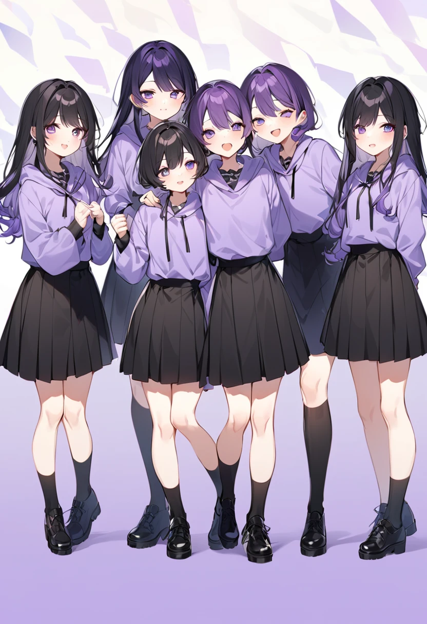 Keito。Purple hoodie。Black Skirt。Purple Eyes。Black Hair。Black shoes下。Black shoes。6 sistery eldest daughter has lavender hair.。all female。Sextuplets