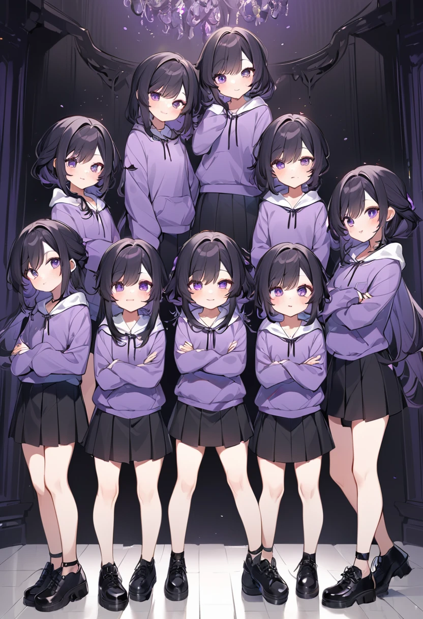 Keito。Purple hoodie。Black Skirt。Purple Eyes。Black Hair。Black shoes下。Black shoes。6 sistery eldest daughter has lavender hair.。all female。Sextuplets